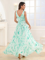 Col en V Mousseline Robe Longue avec Nœud Marbre Menthe