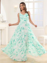 Col en V Mousseline Robe Longue avec Nœud Marbre Menthe