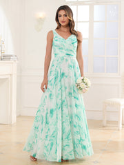Col en V Mousseline Robe Longue avec Nœud Marbre Menthe