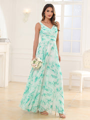 Col en V Mousseline Robe Longue avec Nœud Marbre Menthe