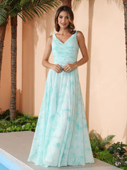 Col en V Mousseline Robe Longue avec Nœud Nuage Menthe