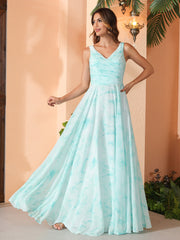 Col en V Mousseline Robe Longue avec Nœud Nuage Menthe