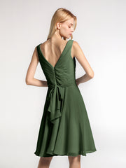 Mini-Robe Corsage Plissée à Col en V avec Jupe Circulaire Olive Verte Grande Taille