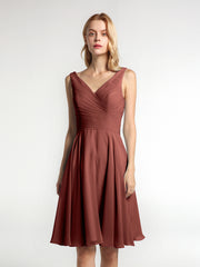 Mini-Robe Corsage Plissée à Col en V avec Jupe Circulaire terracotta