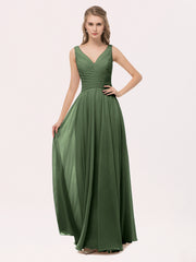 Col en V Mousseline Robe Longue avec Nœud Olive Verte