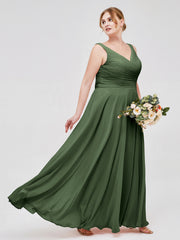 Col en V Mousseline Robe Longue avec Nœud Olive Verte Grande Taille