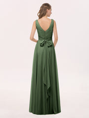 Col en V Mousseline Robe Longue avec Nœud Olive Verte