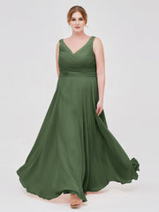 Col en V Mousseline Robe Longue avec Nœud Olive Verte Grande Taille