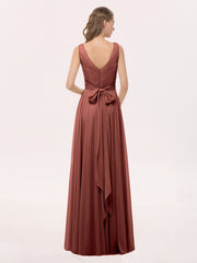 Col en V Mousseline Robe Longue avec Nœud terracotta