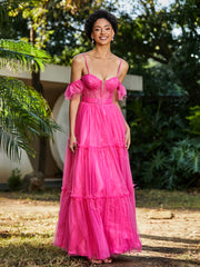 Robe Plissée en Tulle Longueur au Sol à Manches Flottantes Azalée Grande Taille