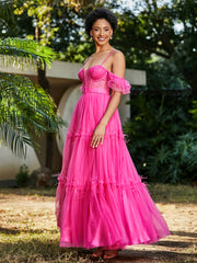 Robe Plissée en Tulle Longueur au Sol à Manches Flottantes Azalée Grande Taille