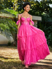 Robe Plissée en Tulle Longueur au Sol à Manches Flottantes Azalée
