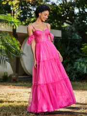 Robe Plissée en Tulle Longueur au Sol à Manches Flottantes Azalée