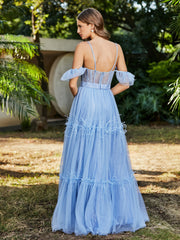 Robe Plissée en Tulle Longueur au Sol à Manches Flottantes Bleu Grande Taille