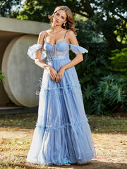 Robe Plissée en Tulle Longueur au Sol à Manches Flottantes Bleu
