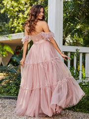 Robe Plissée en Tulle Longueur au Sol à Manches Flottantes Rose Poudré