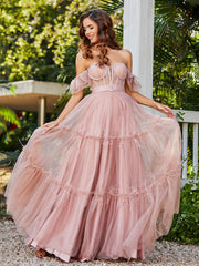 Robe Plissée en Tulle Longueur au Sol à Manches Flottantes Rose Poudré