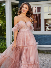 Robe Plissée en Tulle Longueur au Sol à Manches Flottantes Rose Poudré