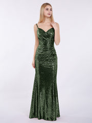 Bretelle Spaghetti Paillettes Robe avec Col en Cœur Olive Verte Grande Taille