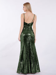 Bretelle Spaghetti Paillettes Robe avec Col en Cœur Olive Verte
