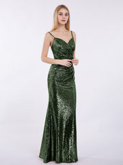 Bretelle Spaghetti Paillettes Robe avec Col en Cœur Olive Verte