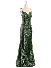 Bretelle Spaghetti Paillettes Robe avec Col en Cœur Olive Verte