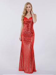 Bretelle Spaghetti Paillettes Robe avec Col en Cœur Rouge