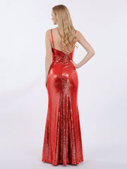 Bretelle Spaghetti Paillettes Robe avec Col en Cœur Rouge