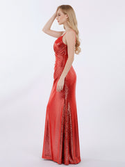 Bretelle Spaghetti Paillettes Robe avec Col en Cœur Rouge