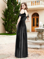 Robe de A-ligne en Velours à Col en V avec Fente Noir