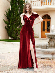 Robe de A-ligne en Velours à Col en V avec Fente Bordeaux