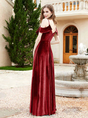 Robe de A-ligne en Velours à Col en V avec Fente Bordeaux