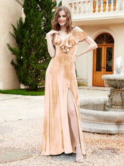 Robe de A-ligne en Velours à Col en V avec Fente Champagne Grande Taille