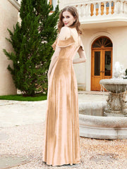 Robe de A-ligne en Velours à Col en V avec Fente Champagne