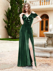 Robe de A-ligne en Velours à Col en V avec Fente Vert Foncé