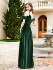 Robe de A-ligne en Velours à Col en V avec Fente Vert Foncé