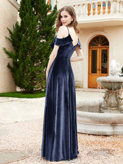 Robe de A-ligne en Velours à Col en V avec Fente Bleu Marine