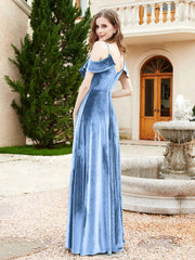 Robe de A-ligne en Velours à Col en V avec Fente Bleu Poudré
