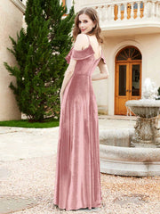 Robe de A-ligne en Velours à Col en V avec Fente Rose Poudré Grande Taille