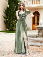 Robe de A-ligne en Velours à Col en V avec Fente Sauge Poudrée Grande Taille