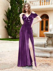 Robe de A-ligne en Velours à Col en V avec Fente Raisin