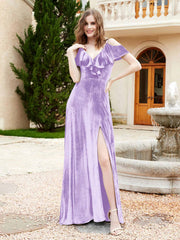 Robe de A-ligne en Velours à Col en V avec Fente Lilas Grande Taille