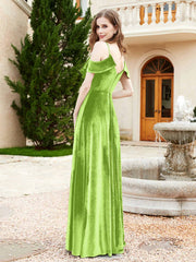 Robe de A-ligne en Velours à Col en V avec Fente Vert Citron
