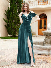 Robe de A-ligne en Velours à Col en V avec Fente Paon