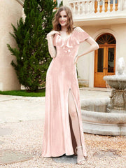 Robe de A-ligne en Velours à Col en V avec Fente Rose Perle