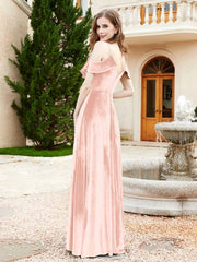 Robe de A-ligne en Velours à Col en V avec Fente Rose Perle