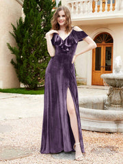 Robe de A-ligne en Velours à Col en V avec Fente Plum