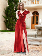 Robe de A-ligne en Velours à Col en V avec Fente Rouge