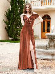 Robe de A-ligne en Velours à Col en V avec Fente Rouille Grande Taille