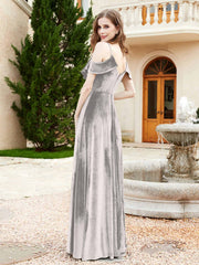 Robe de A-ligne en Velours à Col en V avec Fente Argent
